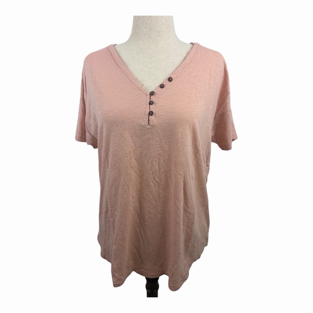 Knox Rose Womens XL Pink Henley Top Cotton Modal V Neck Short Sleeve Boho